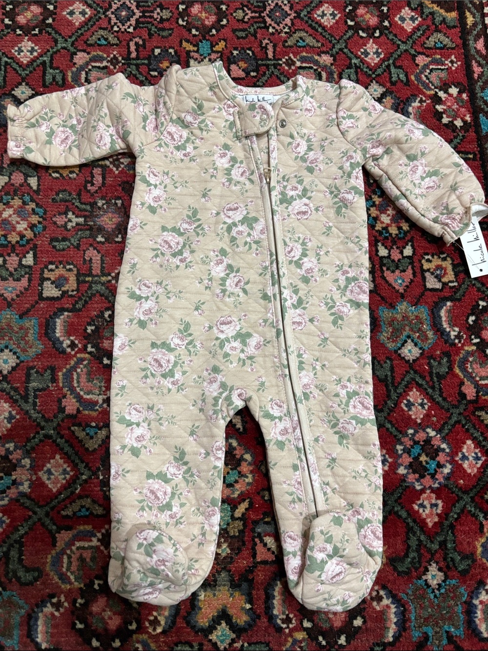 Quilted Floral Footed One-Piece - Cream with Pink Roses